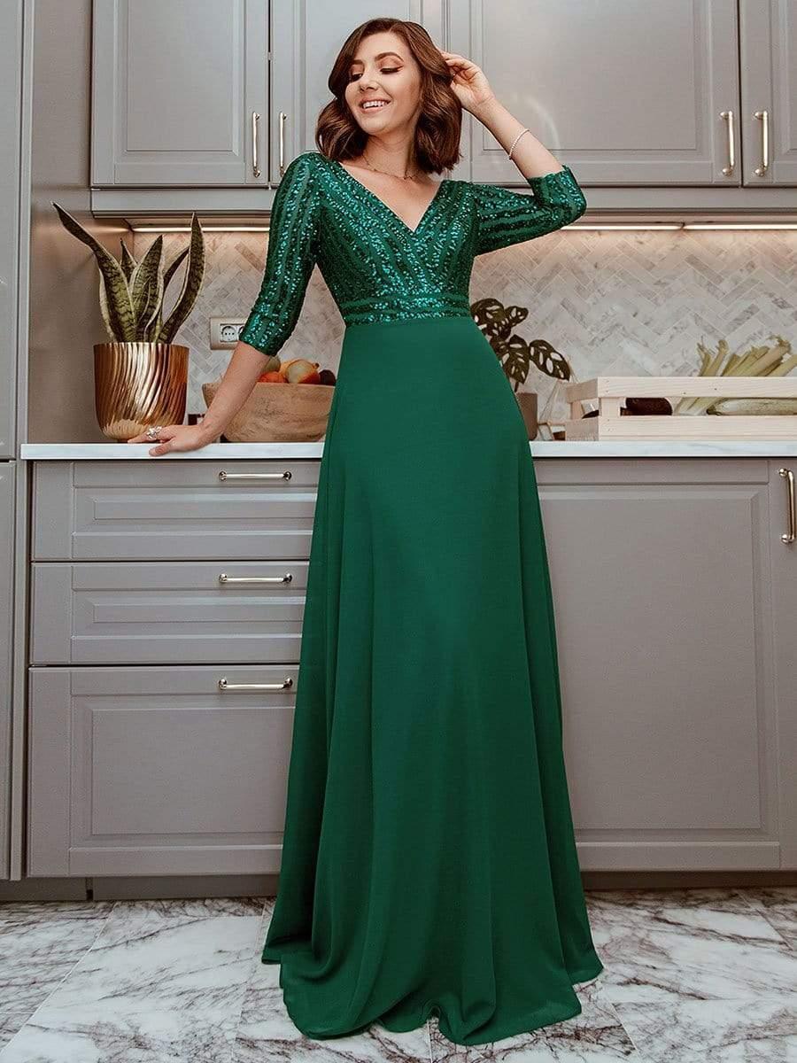 ever LUENA|Sexy V Neck A-Line Sequin Evening Dresses with 3/4 Sleeve