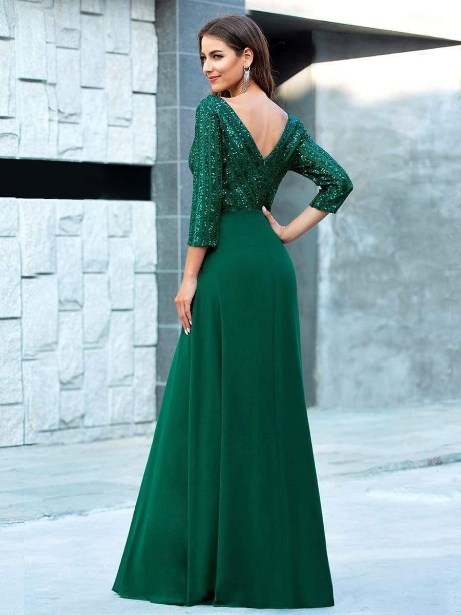 ever LUENA|Sexy V Neck A-Line Sequin Evening Dresses with 3/4 Sleeve