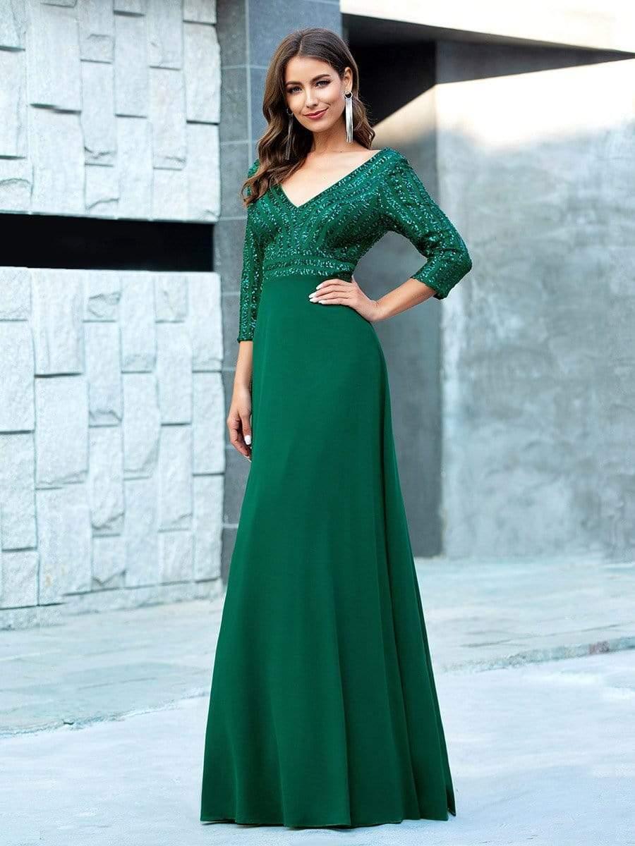 ever LUENA|Sexy V Neck A-Line Sequin Evening Dresses with 3/4 Sleeve