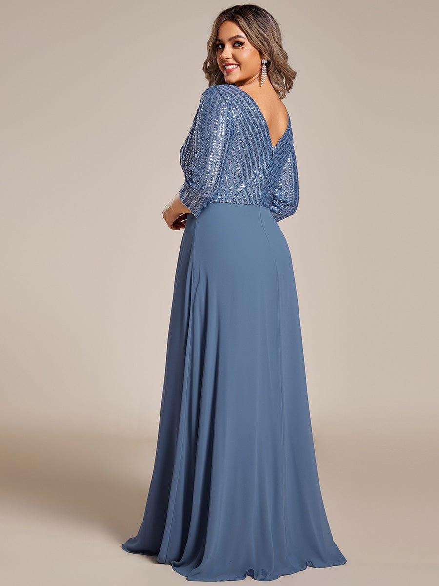 ever LUENA|Sexy V Neck A-Line Sequin Evening Dresses with 3/4 Sleeve