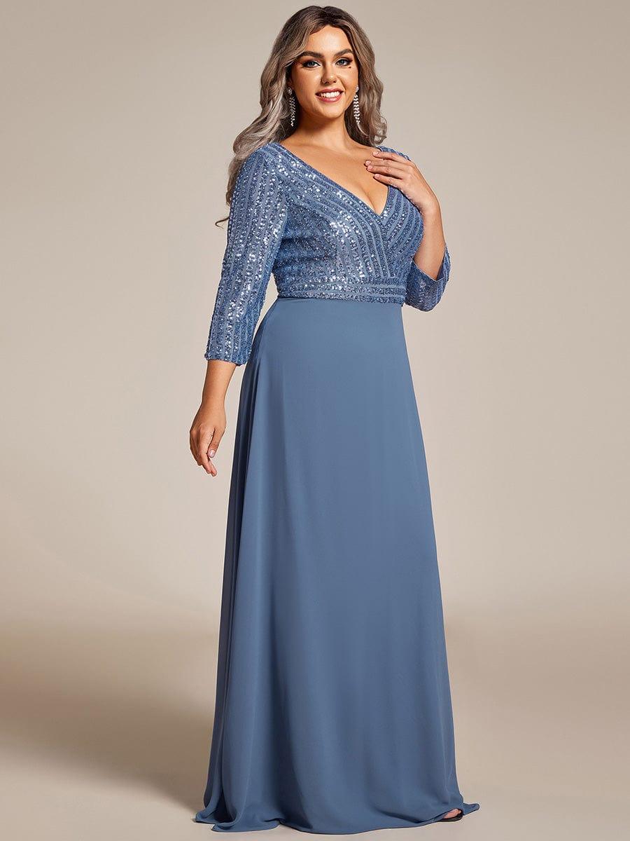 ever LUENA|Sexy V Neck A-Line Sequin Evening Dresses with 3/4 Sleeve