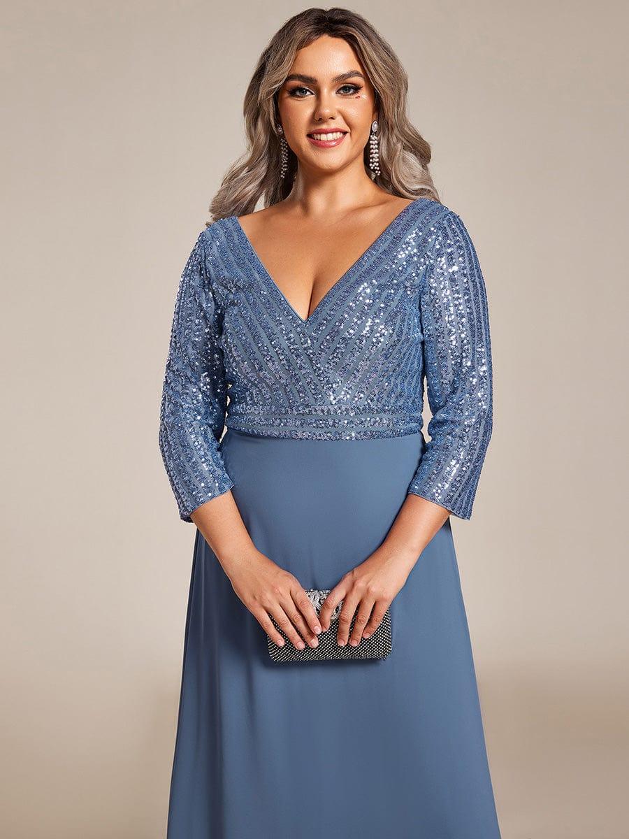 ever LUENA|Sexy V Neck A-Line Sequin Evening Dresses with 3/4 Sleeve