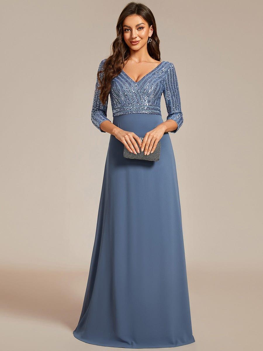 ever LUENA|Sexy V Neck A-Line Sequin Evening Dresses with 3/4 Sleeve
