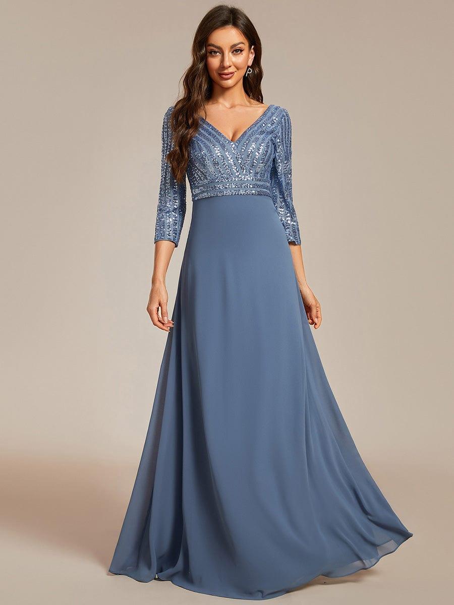 ever LUENA|Sexy V Neck A-Line Sequin Evening Dresses with 3/4 Sleeve