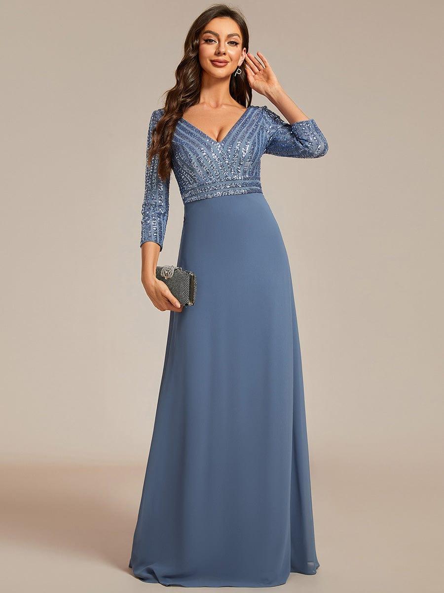 ever LUENA|Sexy V Neck A-Line Sequin Evening Dresses with 3/4 Sleeve