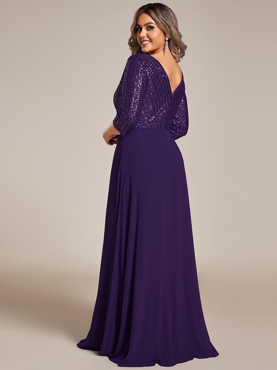 ever LUENA|Sexy V Neck A-Line Sequin Evening Dresses with 3/4 Sleeve