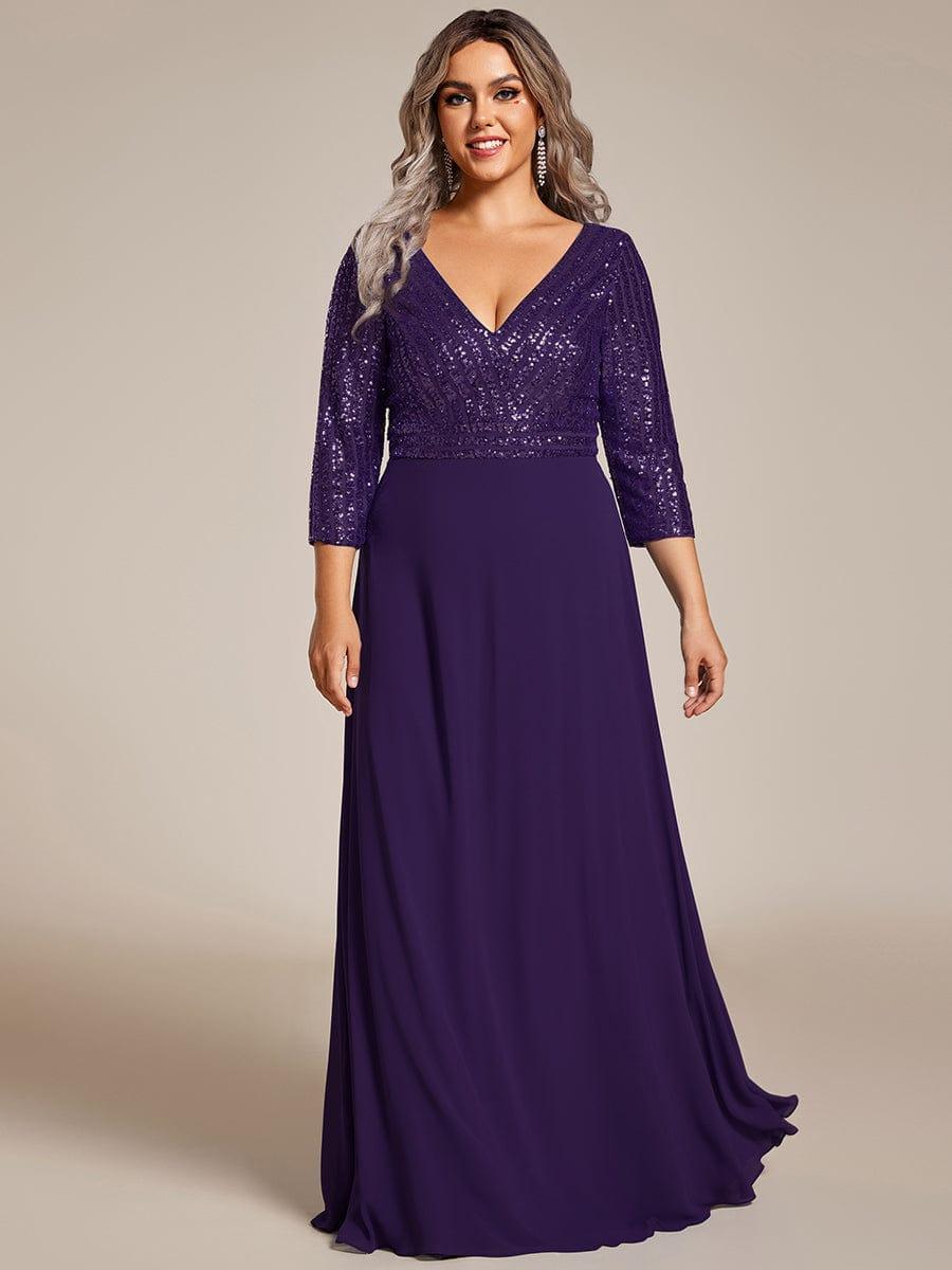 ever LUENA|Sexy V Neck A-Line Sequin Evening Dresses with 3/4 Sleeve