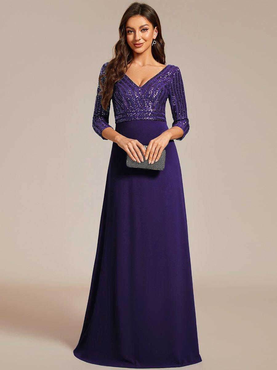 ever LUENA|Sexy V Neck A-Line Sequin Evening Dresses with 3/4 Sleeve