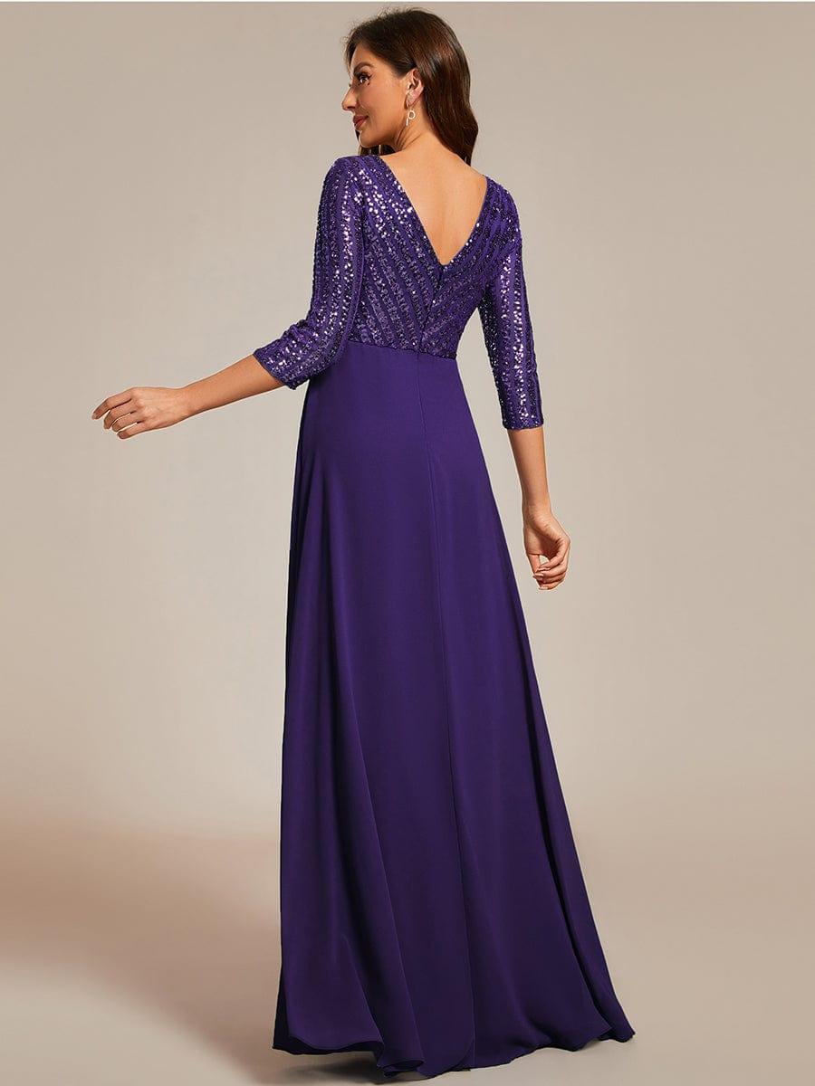 ever LUENA|Sexy V Neck A-Line Sequin Evening Dresses with 3/4 Sleeve