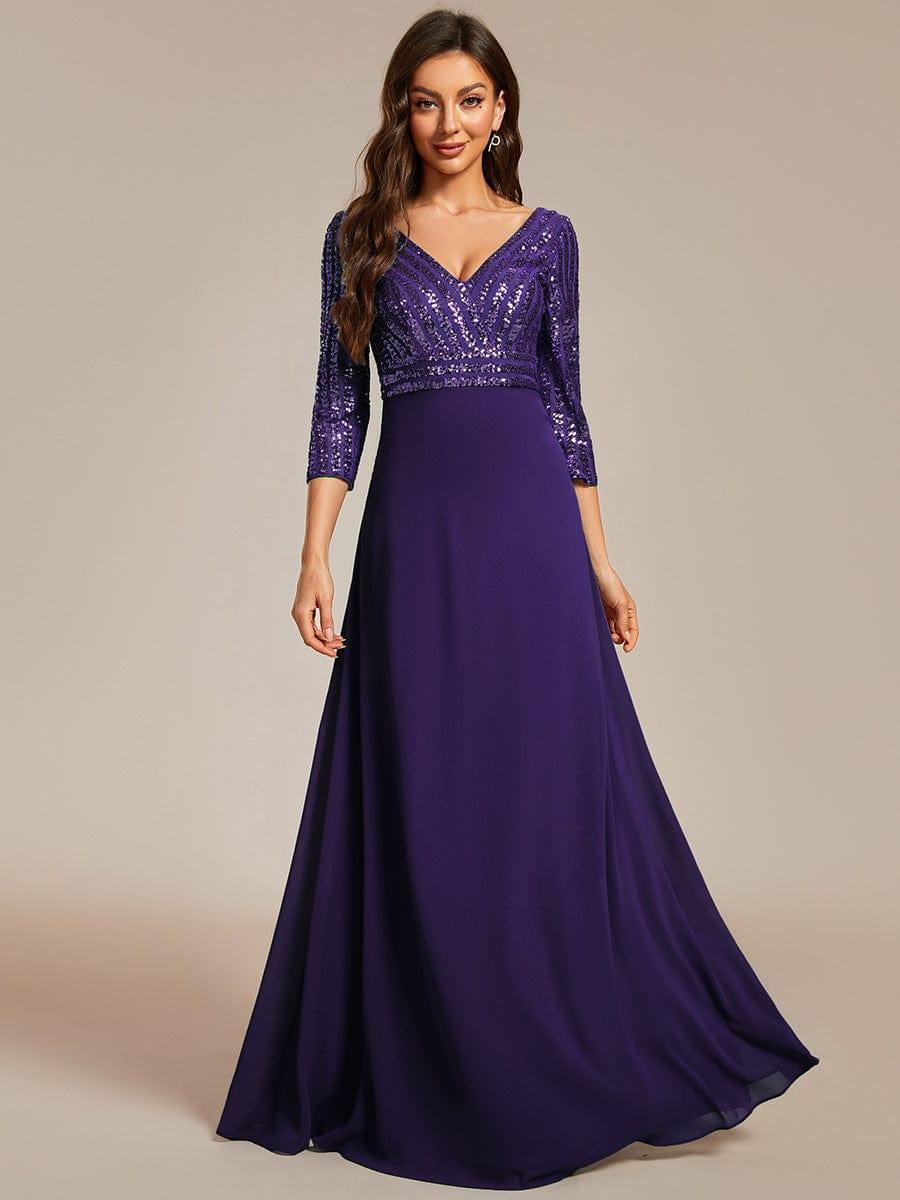 ever LUENA|Sexy V Neck A-Line Sequin Evening Dresses with 3/4 Sleeve