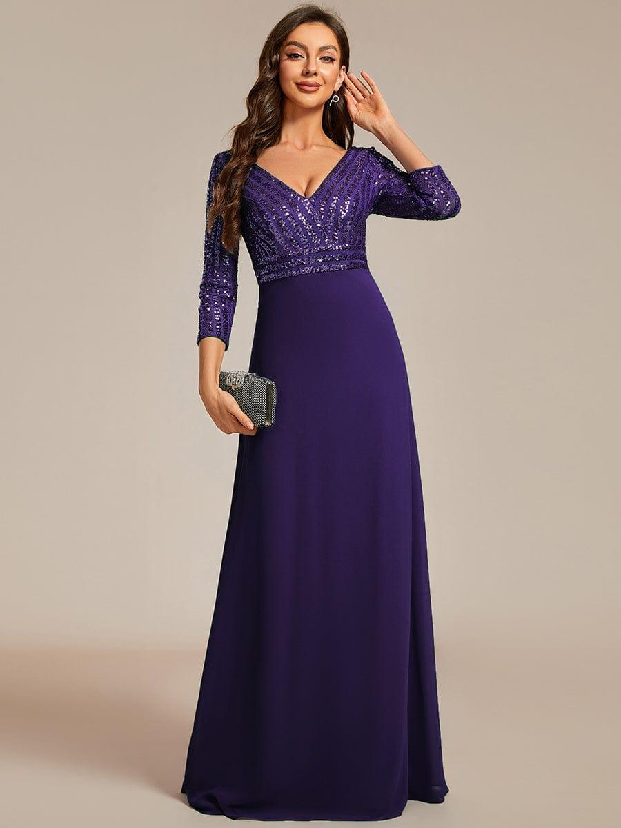 ever LUENA|Sexy V Neck A-Line Sequin Evening Dresses with 3/4 Sleeve