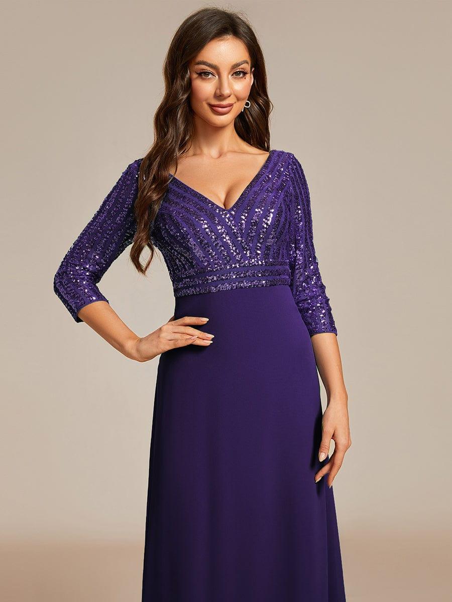 ever LUENA|Sexy V Neck A-Line Sequin Evening Dresses with 3/4 Sleeve