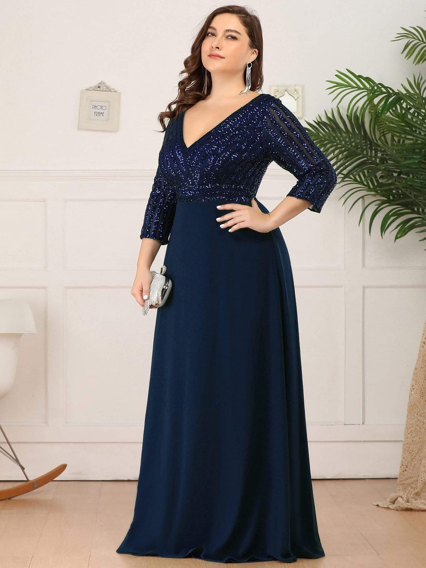ever LUENA|Sexy V Neck A-Line Sequin Evening Dresses with 3/4 Sleeve
