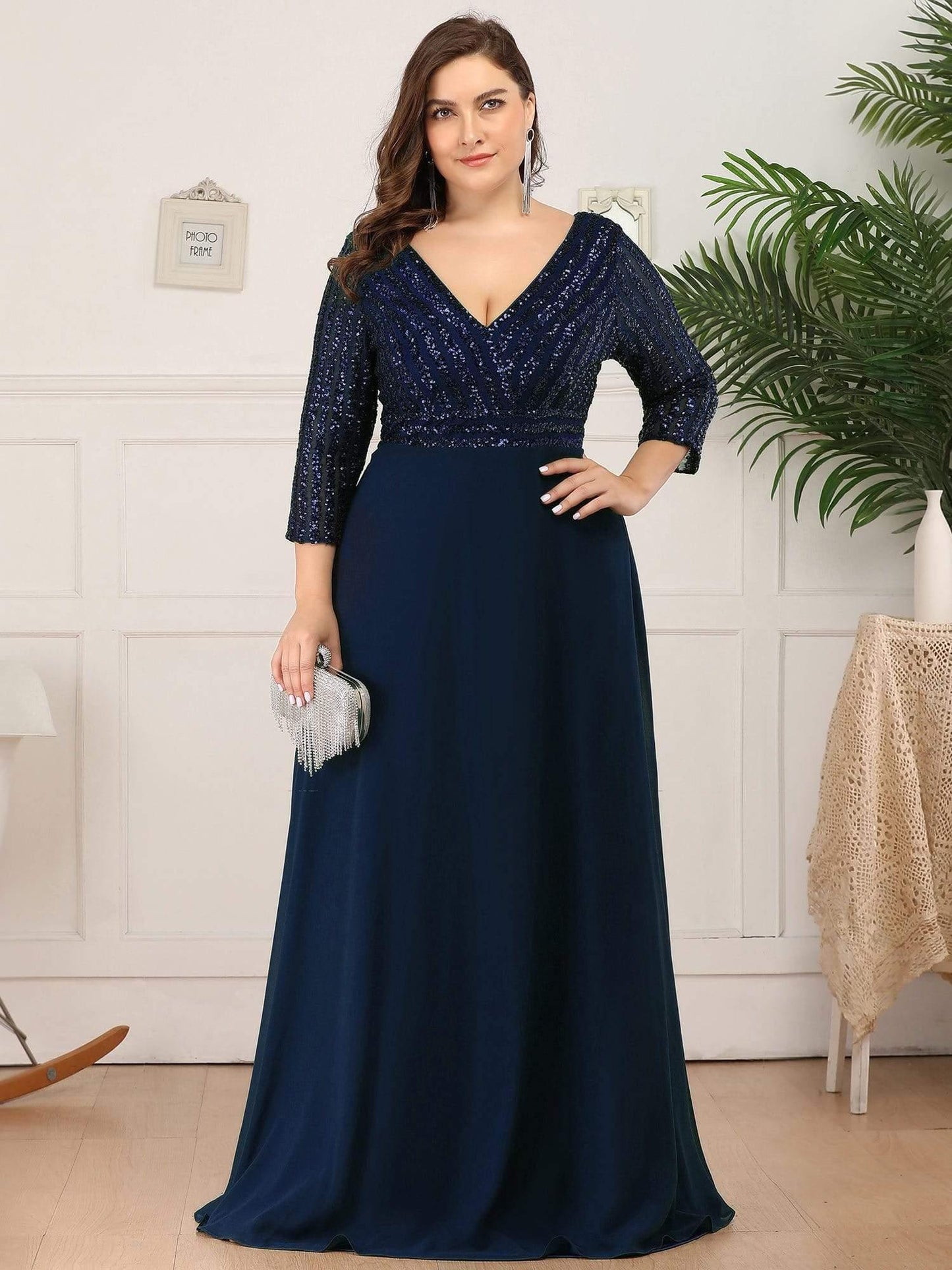 ever LUENA|Sexy V Neck A-Line Sequin Evening Dresses with 3/4 Sleeve
