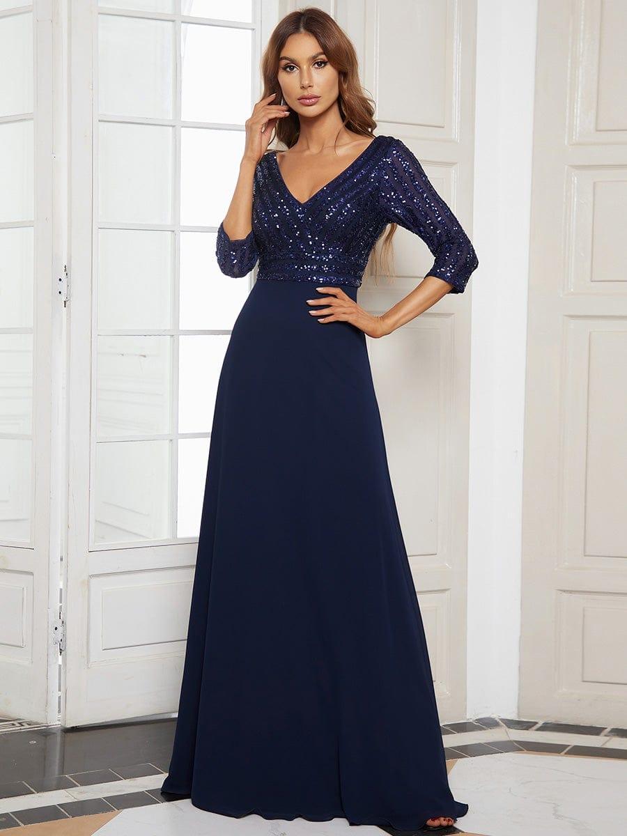 ever LUENA|Sexy V Neck A-Line Sequin Evening Dresses with 3/4 Sleeve
