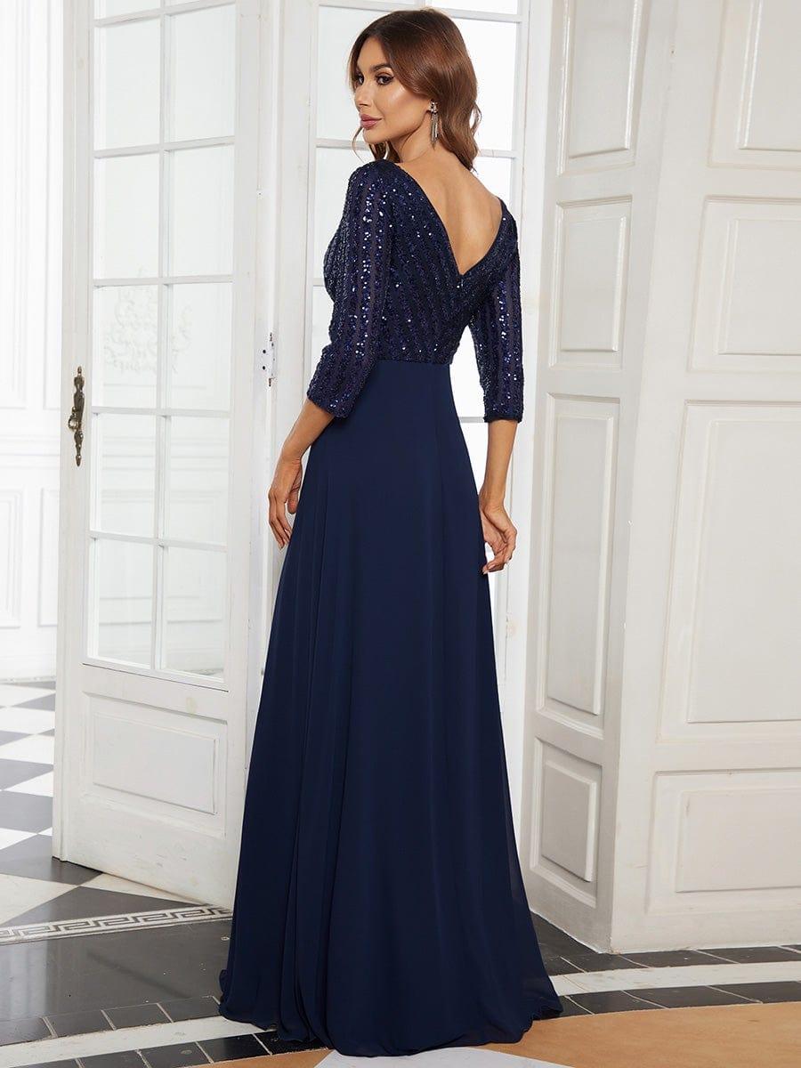 ever LUENA|Sexy V Neck A-Line Sequin Evening Dresses with 3/4 Sleeve