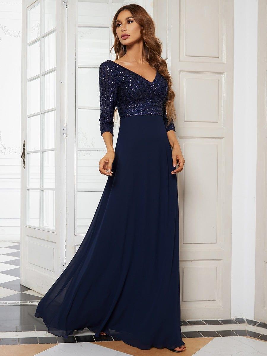 ever LUENA|Sexy V Neck A-Line Sequin Evening Dresses with 3/4 Sleeve