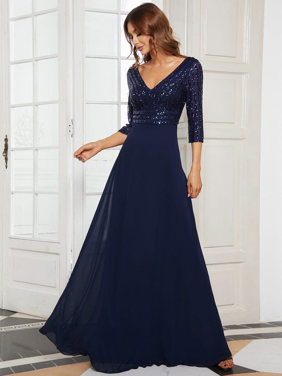 ever LUENA|Sexy V Neck A-Line Sequin Evening Dresses with 3/4 Sleeve