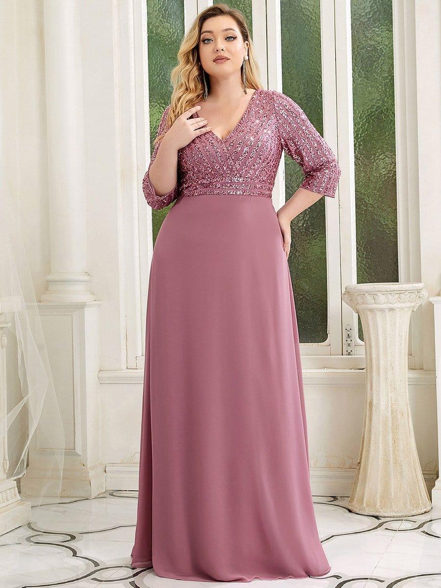 ever LUENA|Sexy V Neck A-Line Sequin Evening Dresses with 3/4 Sleeve