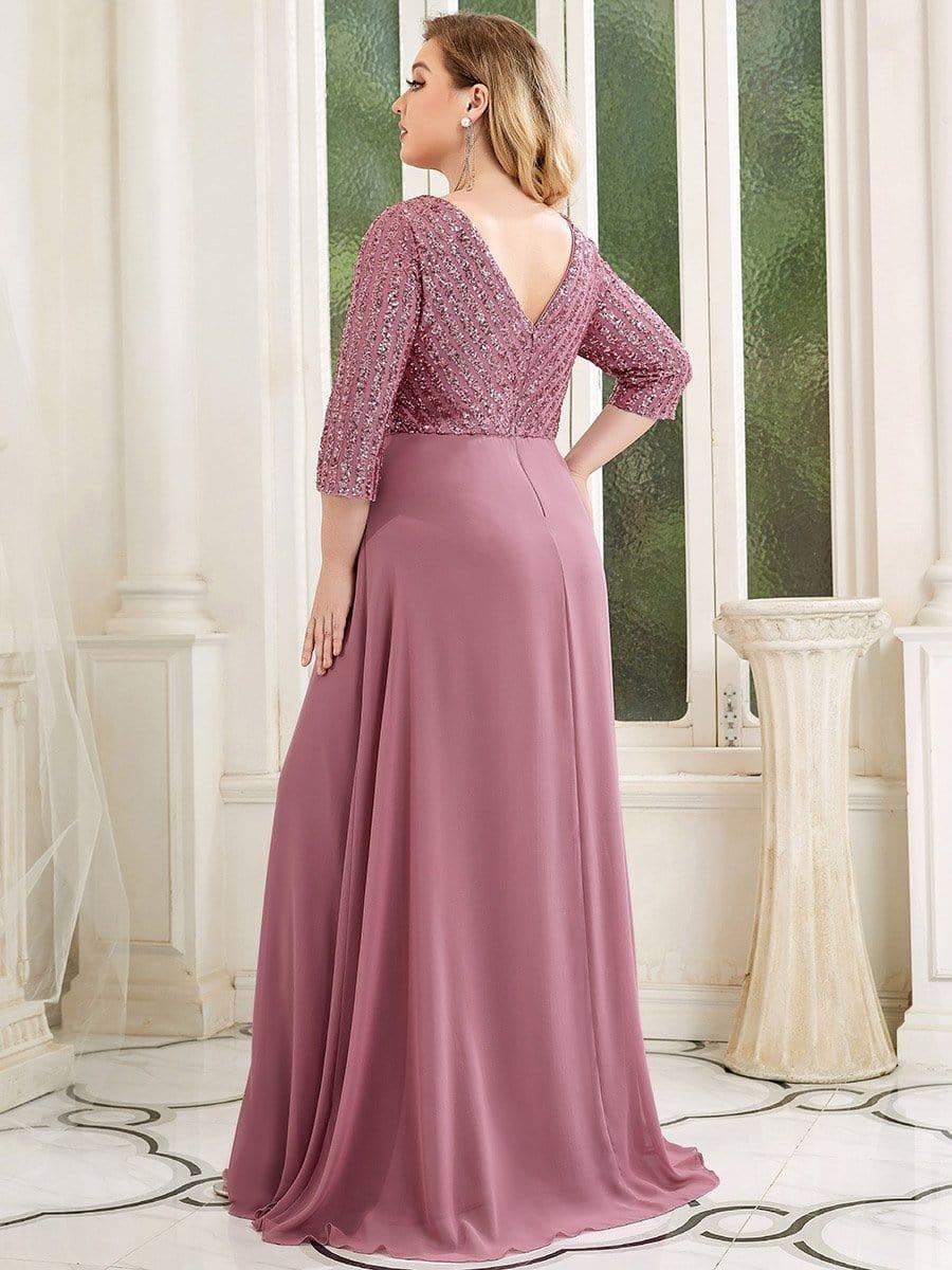ever LUENA|Sexy V Neck A-Line Sequin Evening Dresses with 3/4 Sleeve