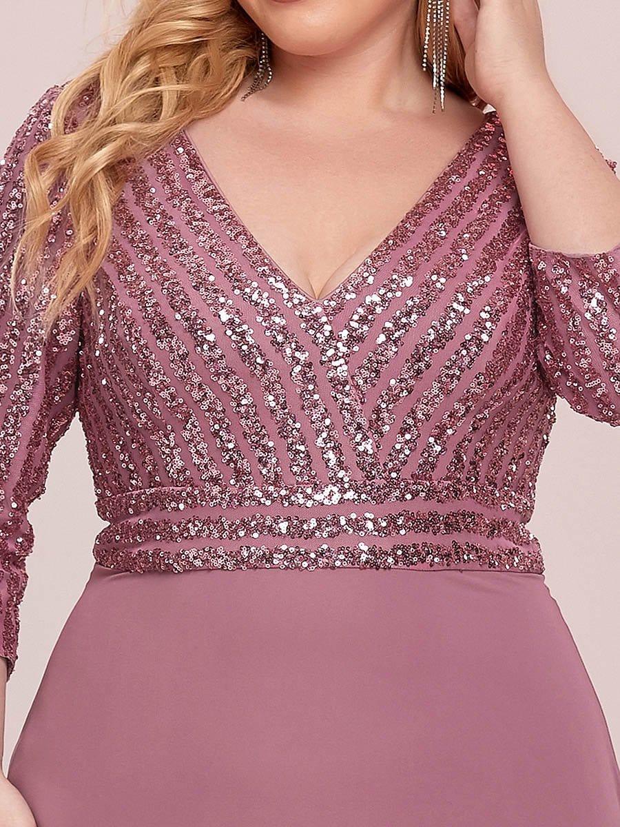 ever LUENA|Sexy V Neck A-Line Sequin Evening Dresses with 3/4 Sleeve