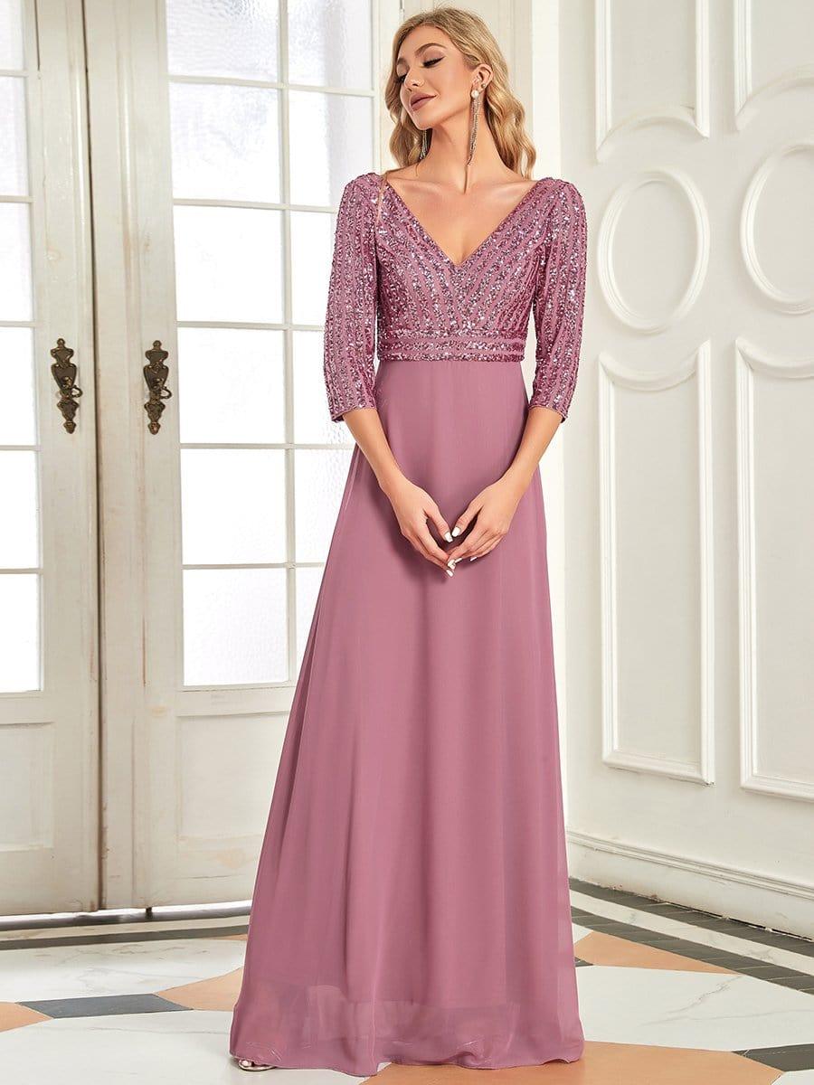 ever LUENA|Sexy V Neck A-Line Sequin Evening Dresses with 3/4 Sleeve