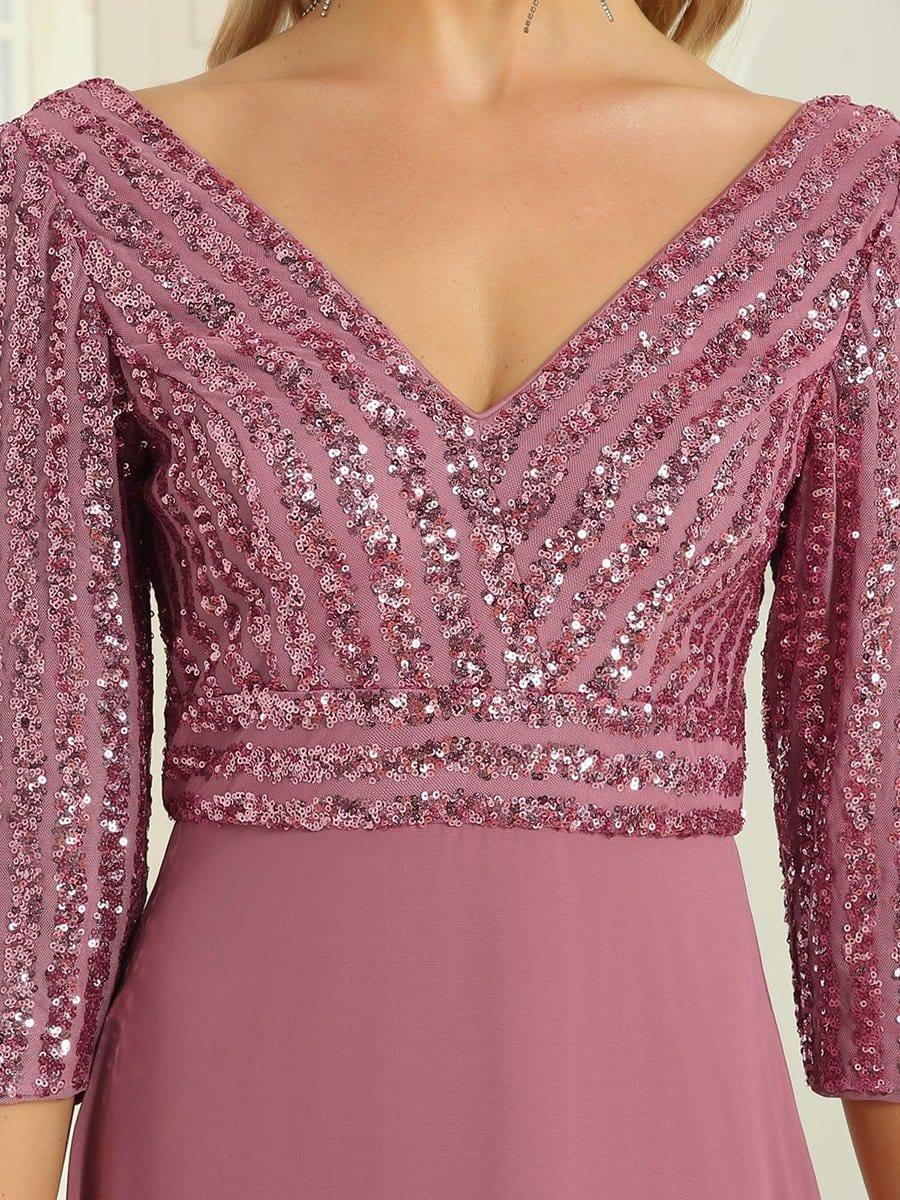 ever LUENA|Sexy V Neck A-Line Sequin Evening Dresses with 3/4 Sleeve