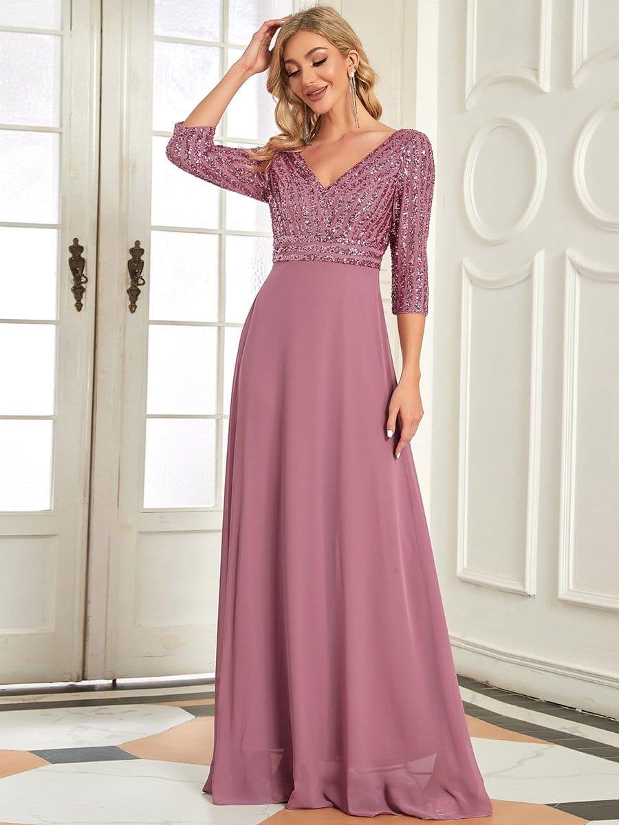 ever LUENA|Sexy V Neck A-Line Sequin Evening Dresses with 3/4 Sleeve