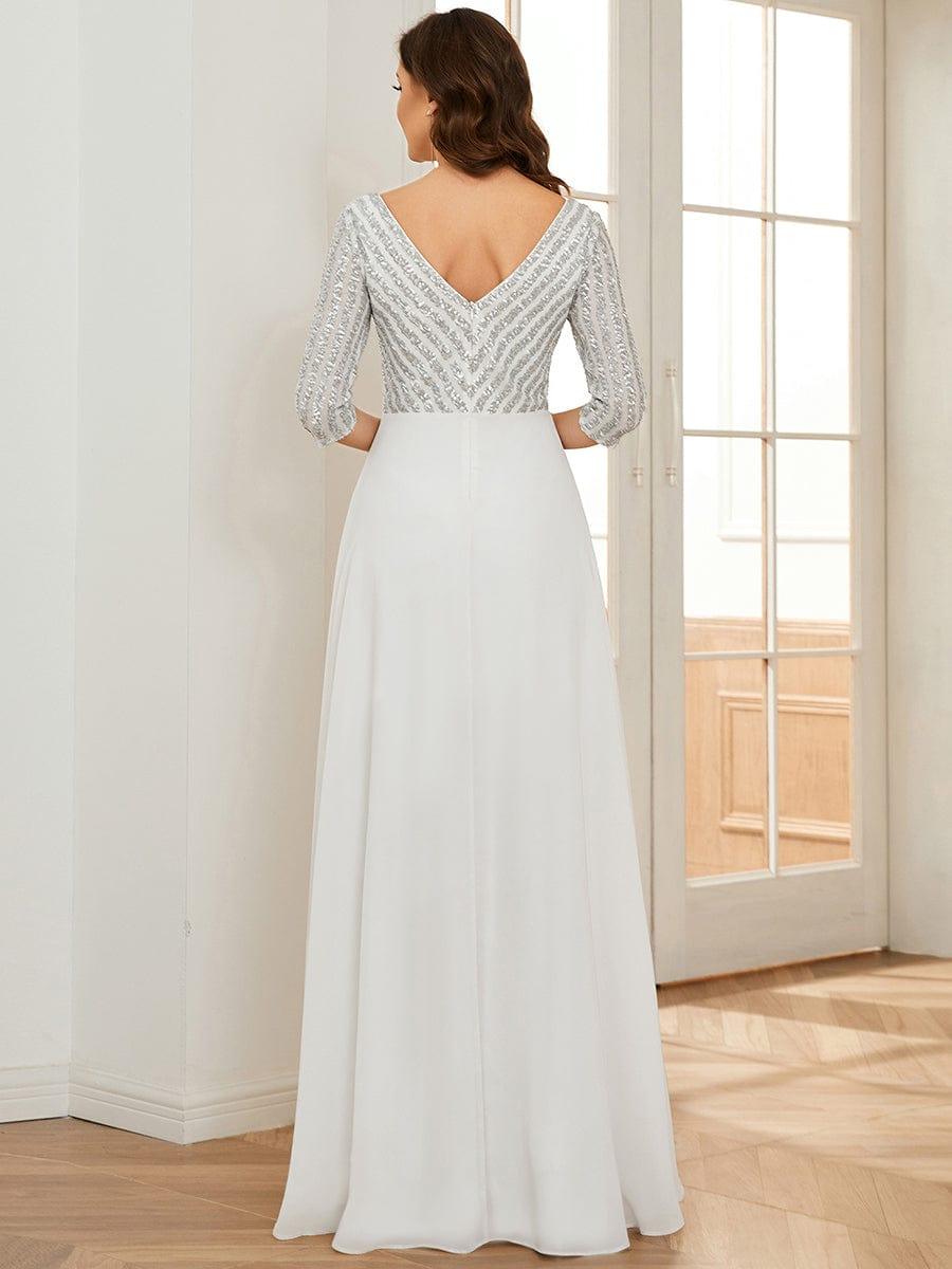 ever LUENA|Sexy V Neck A-Line Sequin Evening Dresses with 3/4 Sleeve