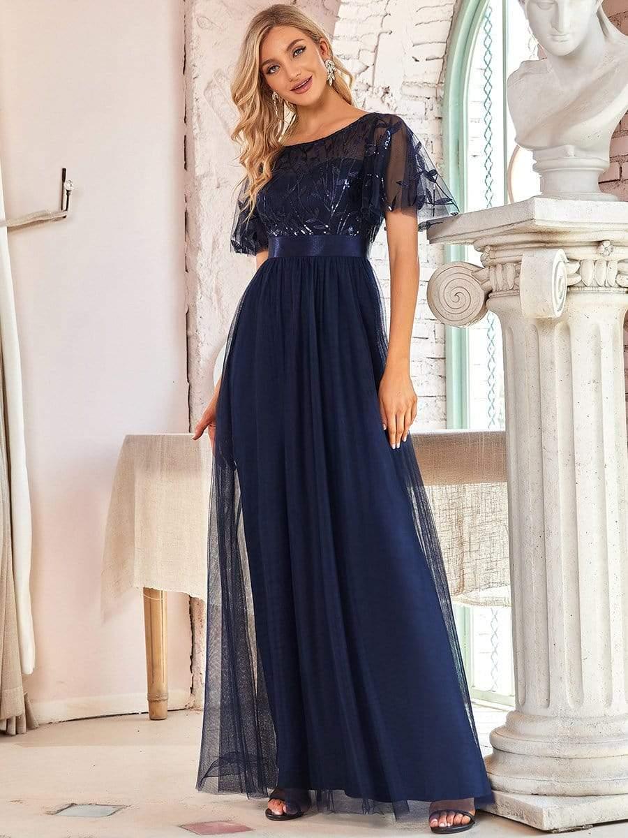 ever SAPHIR|Women's A-Line Short Sleeve Embroidery Floor Length Wedding Guest Dresses