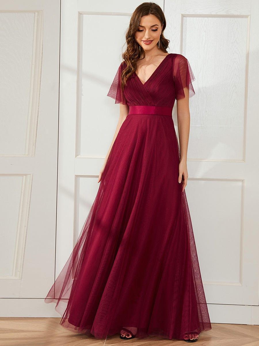 ever MISTE|Double V-Neck Tulle Floor-Length Bridesmaid Dress