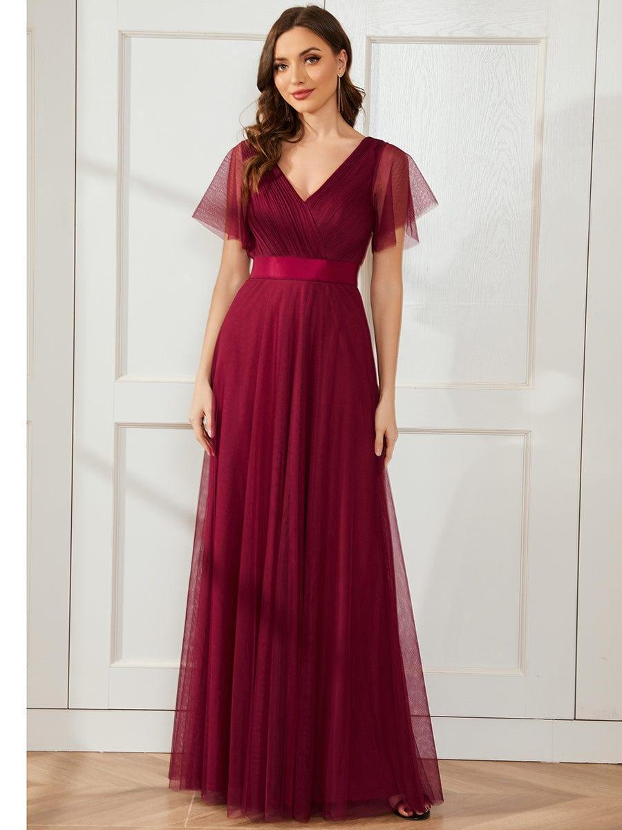 ever MISTE|Double V-Neck Tulle Floor-Length Bridesmaid Dress