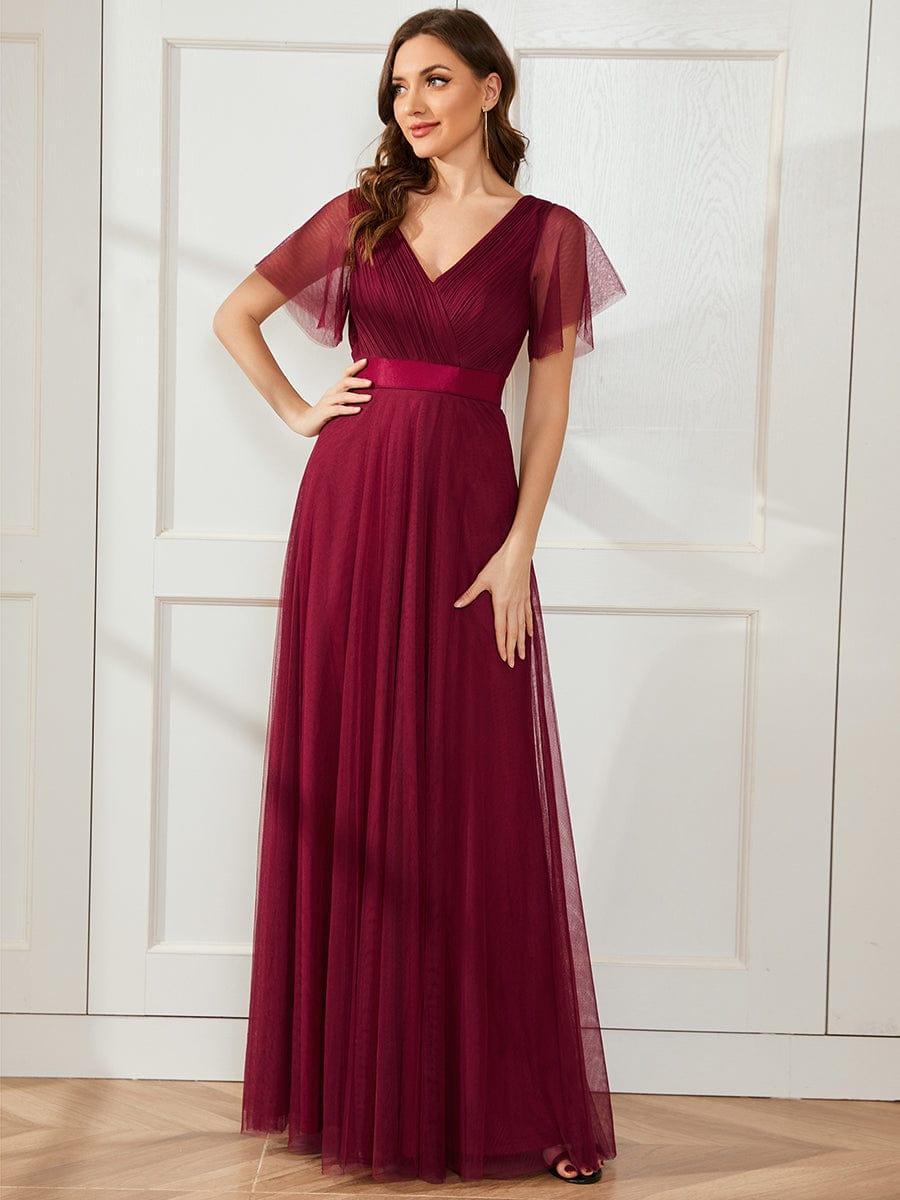 ever MISTE|Double V-Neck Tulle Floor-Length Bridesmaid Dress