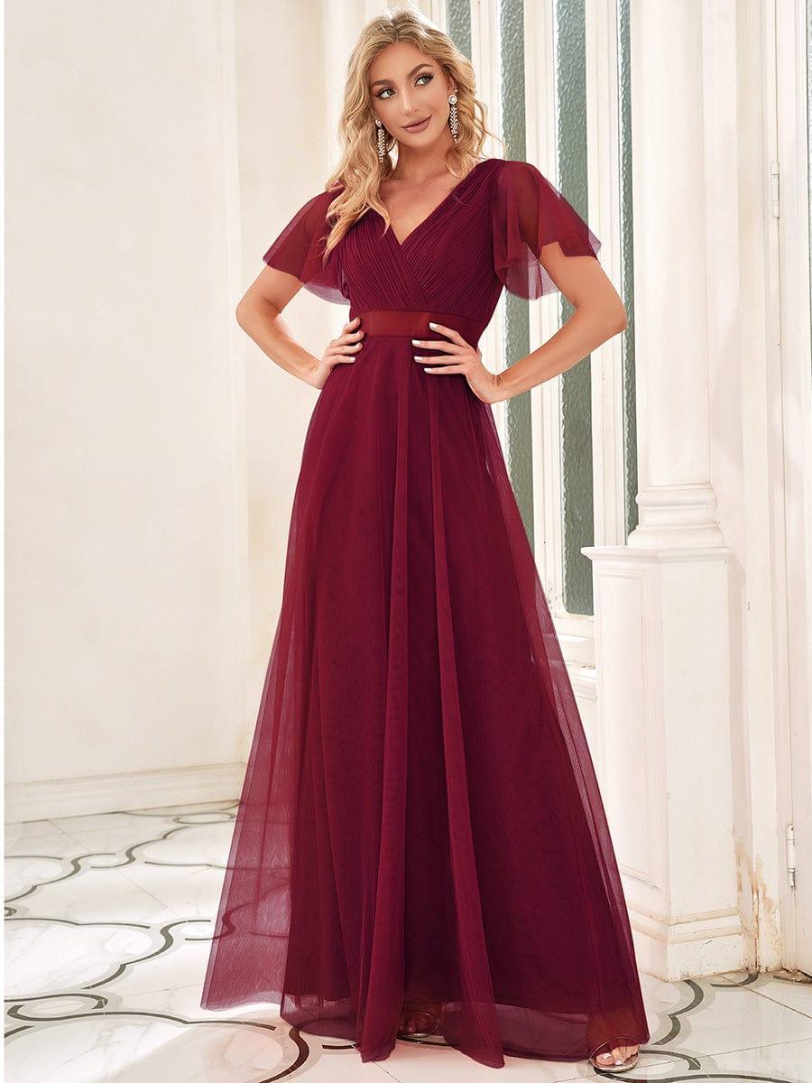 ever MISTE|Double V-Neck Tulle Floor-Length Bridesmaid Dress