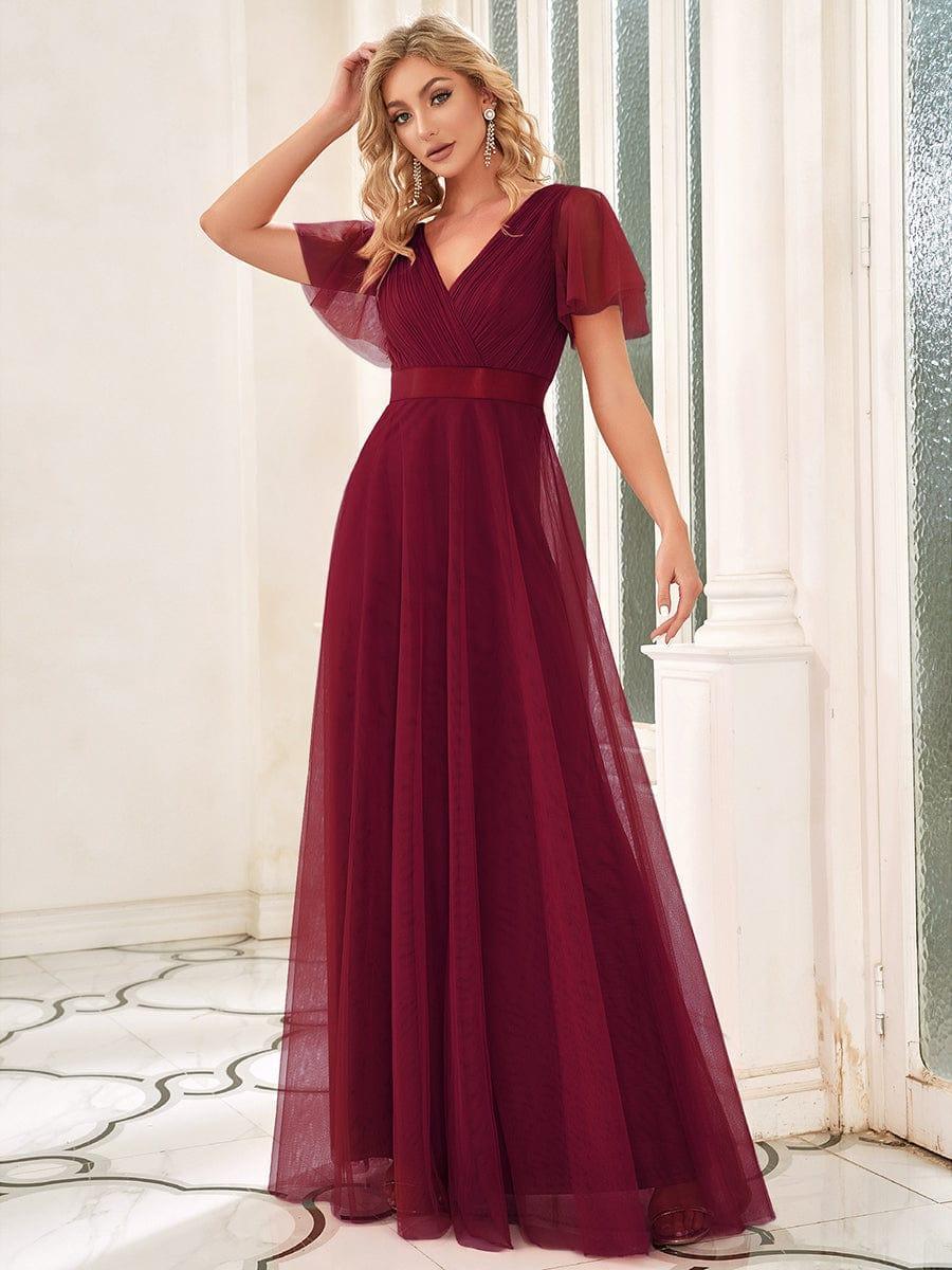 ever MISTE|Double V-Neck Tulle Floor-Length Bridesmaid Dress