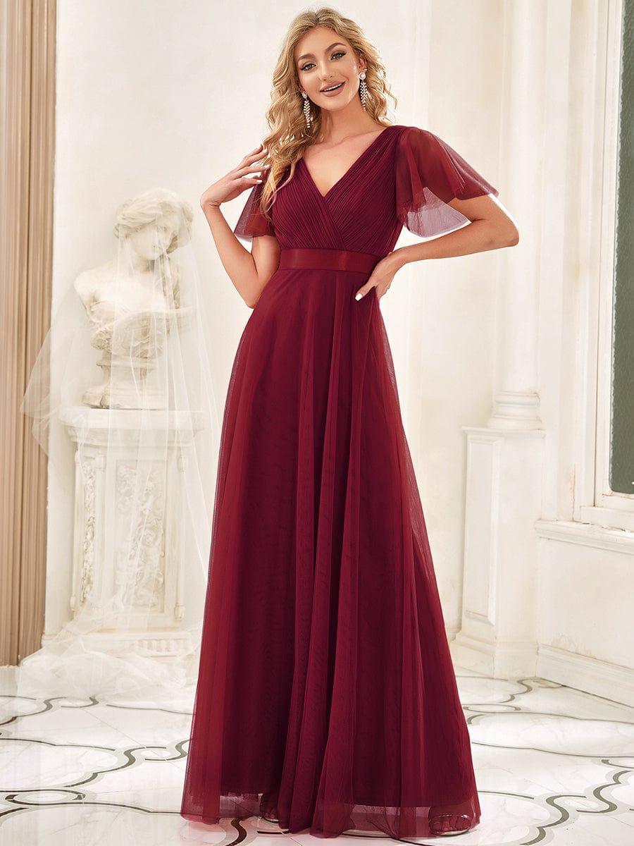 ever MISTE|Double V-Neck Tulle Floor-Length Bridesmaid Dress
