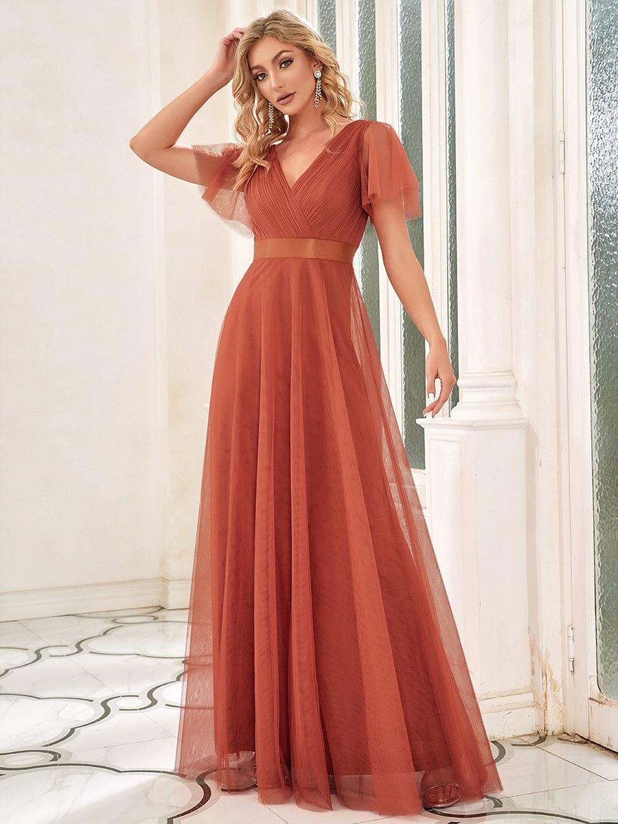 ever MISTE|Double V-Neck Tulle Floor-Length Bridesmaid Dress