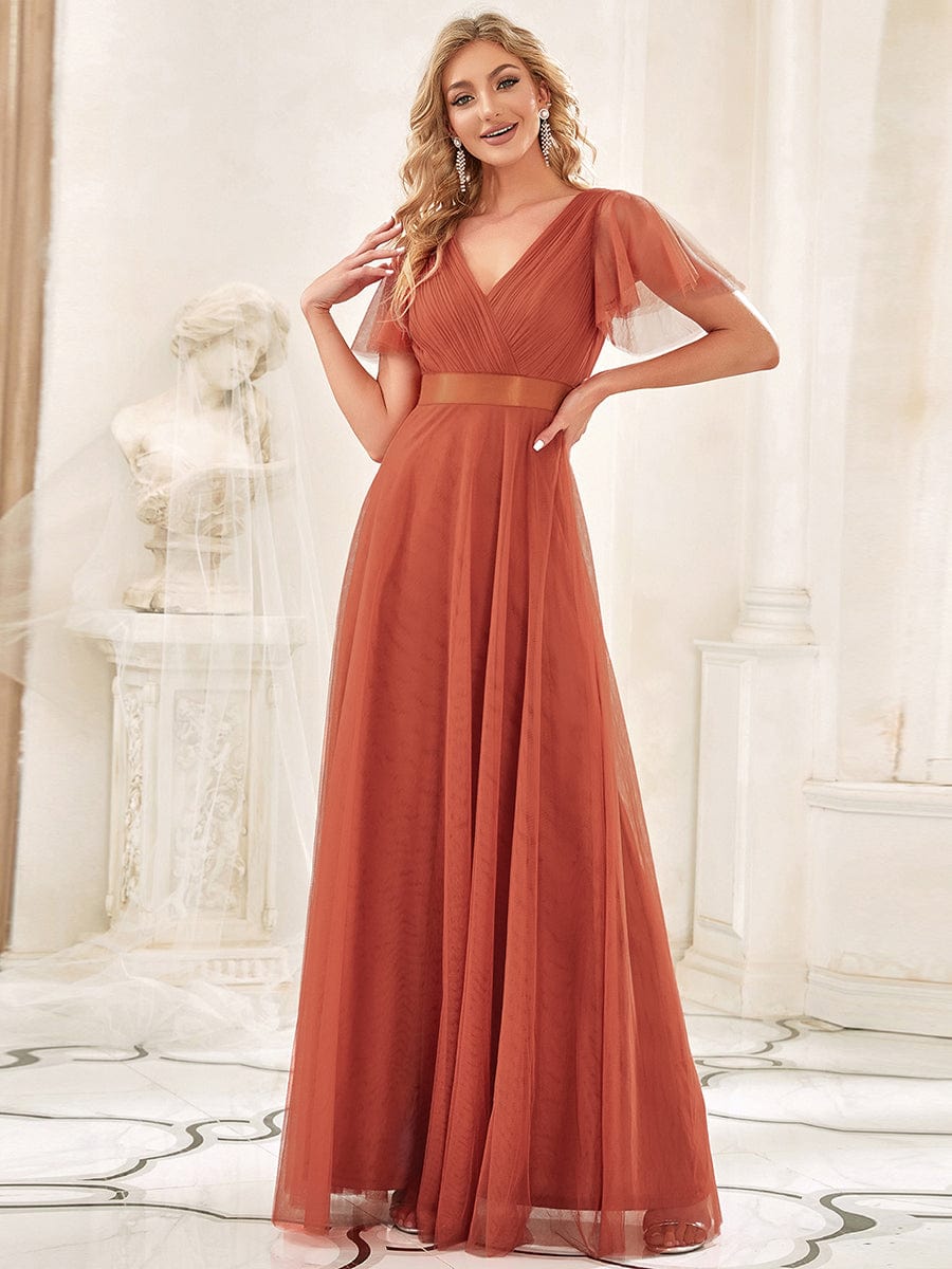 ever MISTE|Double V-Neck Tulle Floor-Length Bridesmaid Dress