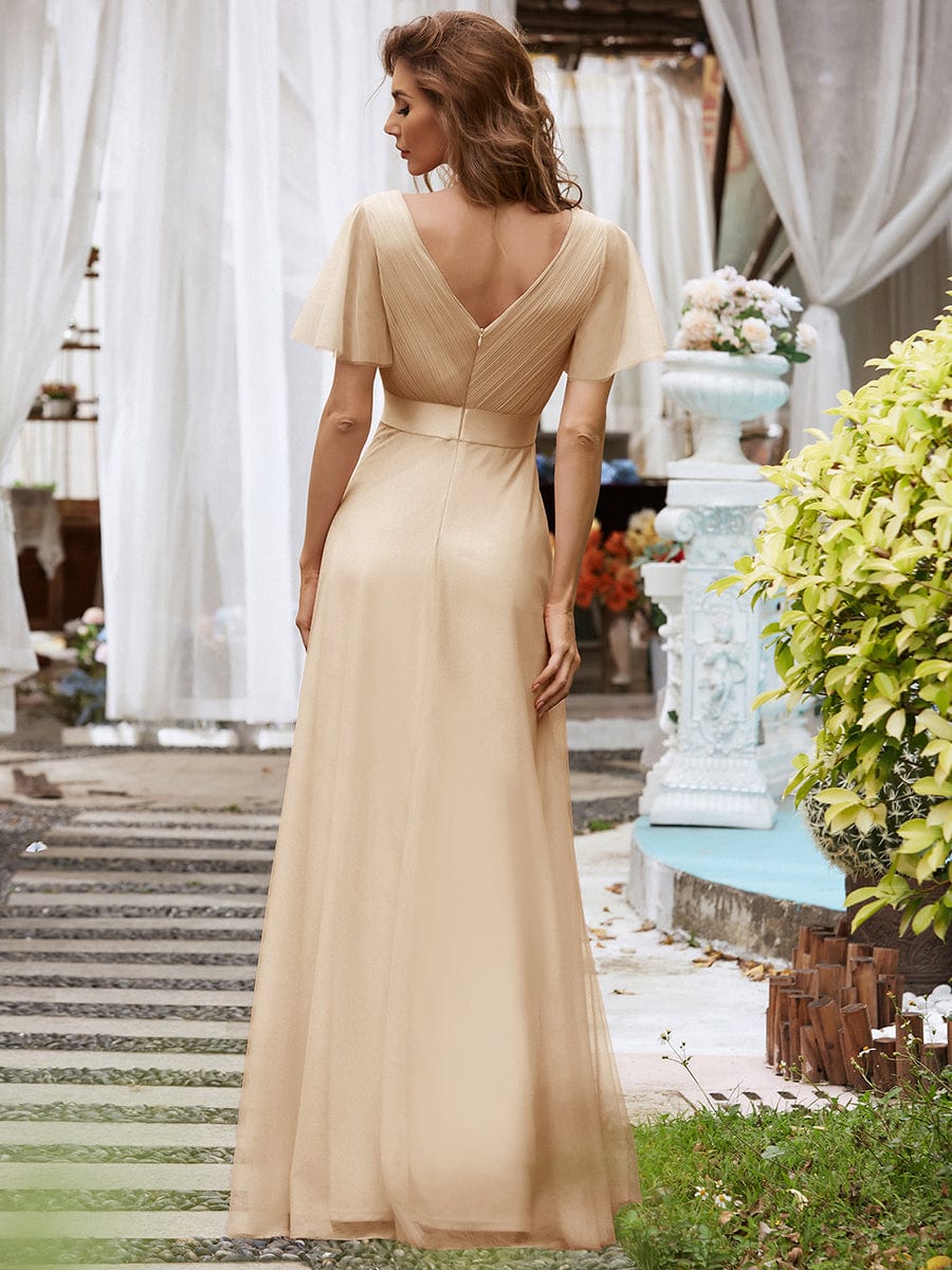 ever MISTE|Double V-Neck Tulle Floor-Length Bridesmaid Dress