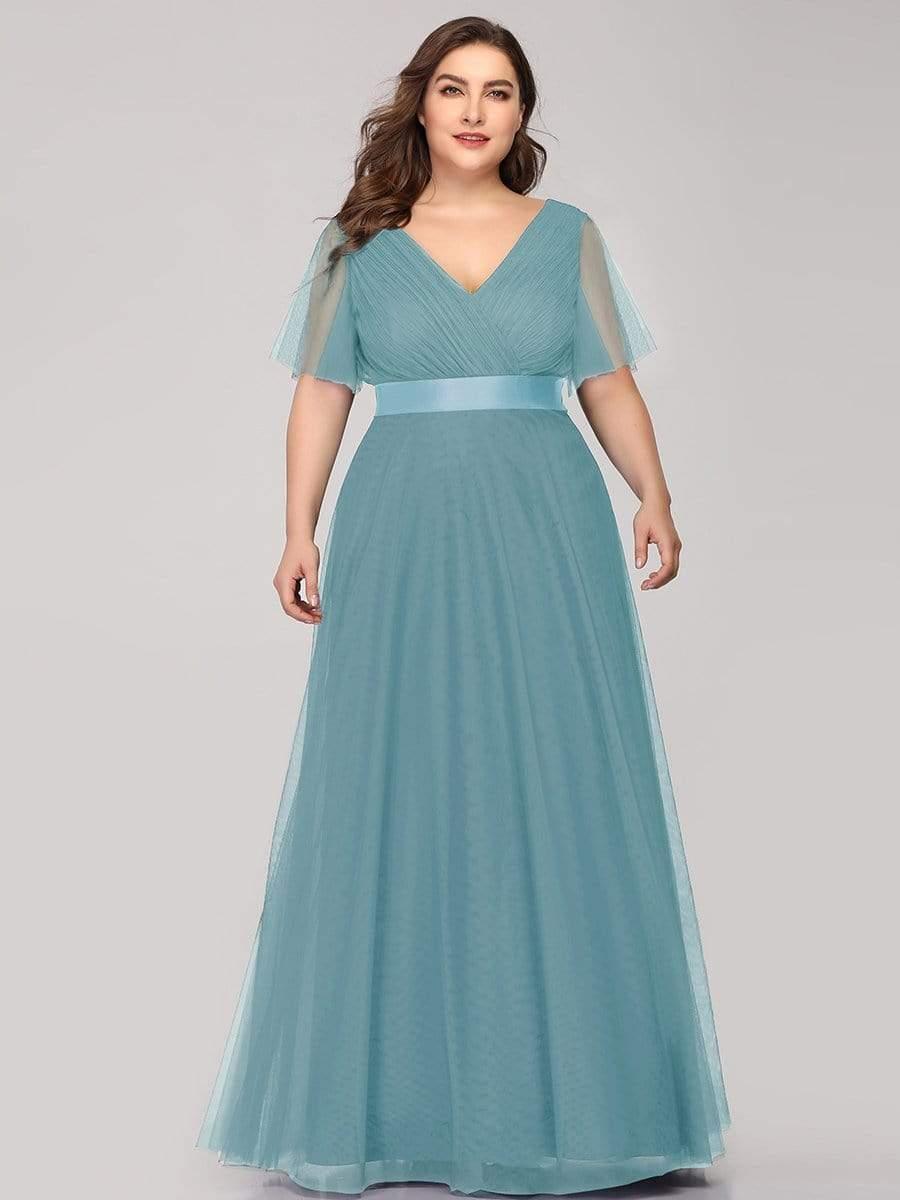 ever MISTE|Double V-Neck Tulle Floor-Length Bridesmaid Dress
