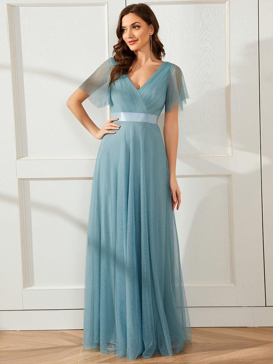 ever MISTE|Double V-Neck Tulle Floor-Length Bridesmaid Dress