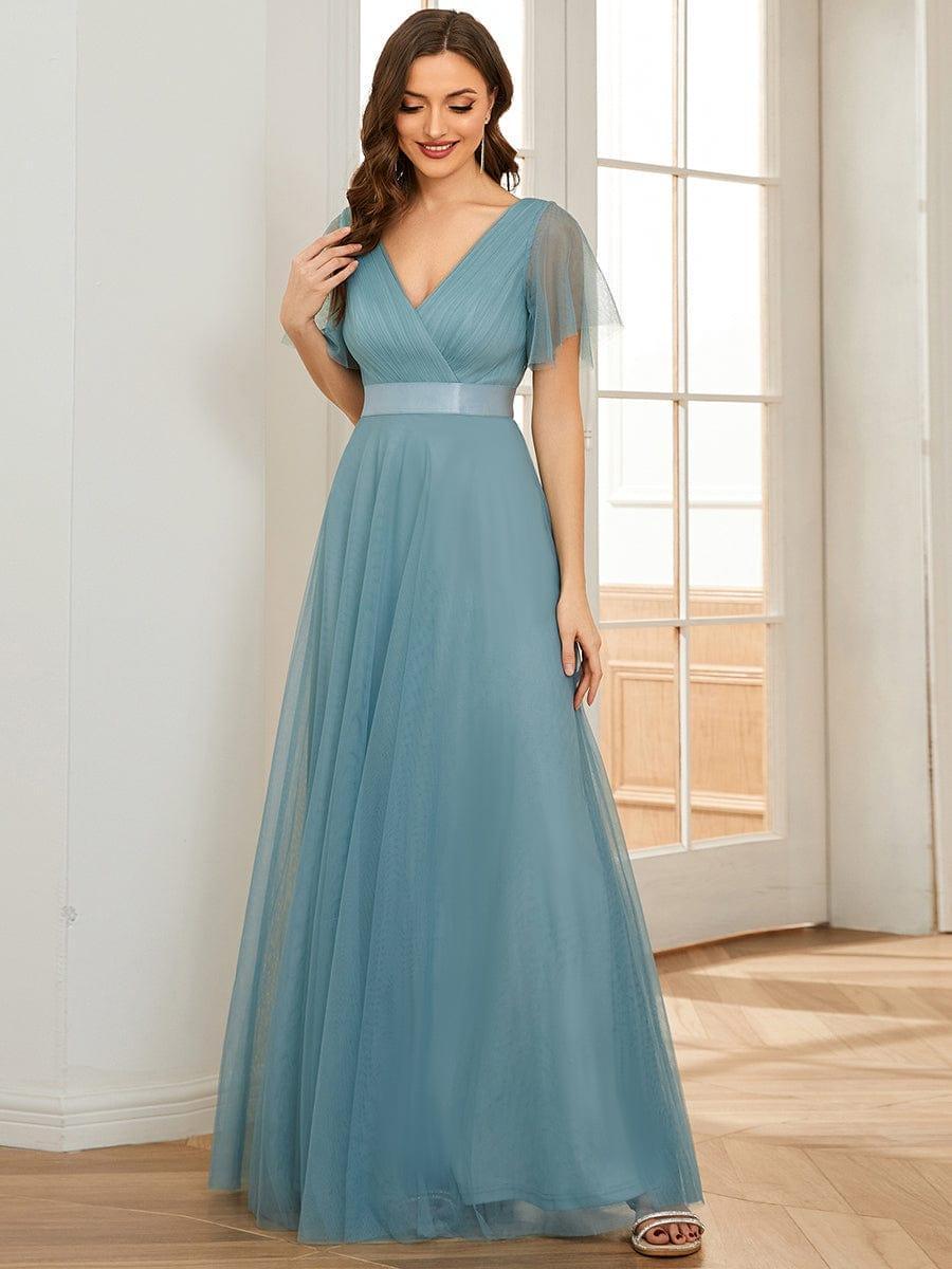 ever MISTE|Double V-Neck Tulle Floor-Length Bridesmaid Dress