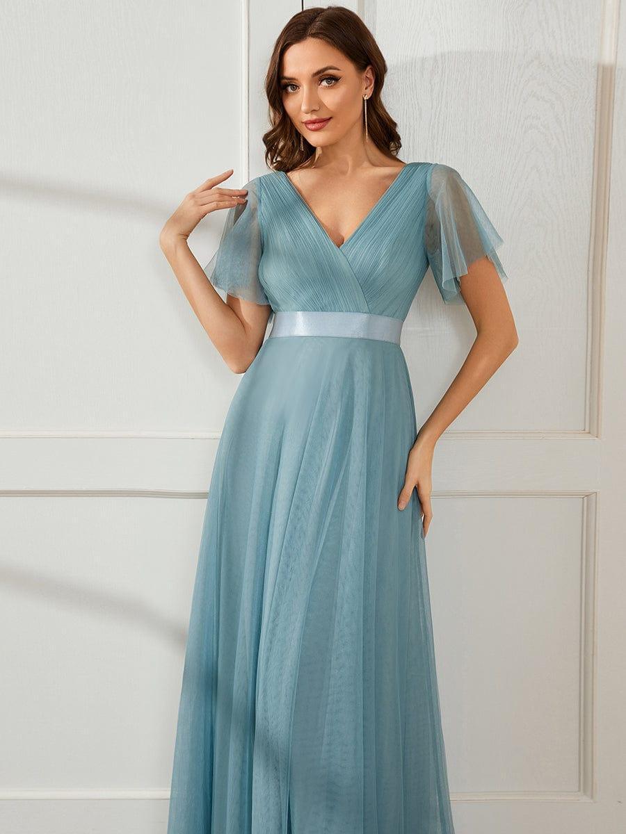 ever MISTE|Double V-Neck Tulle Floor-Length Bridesmaid Dress