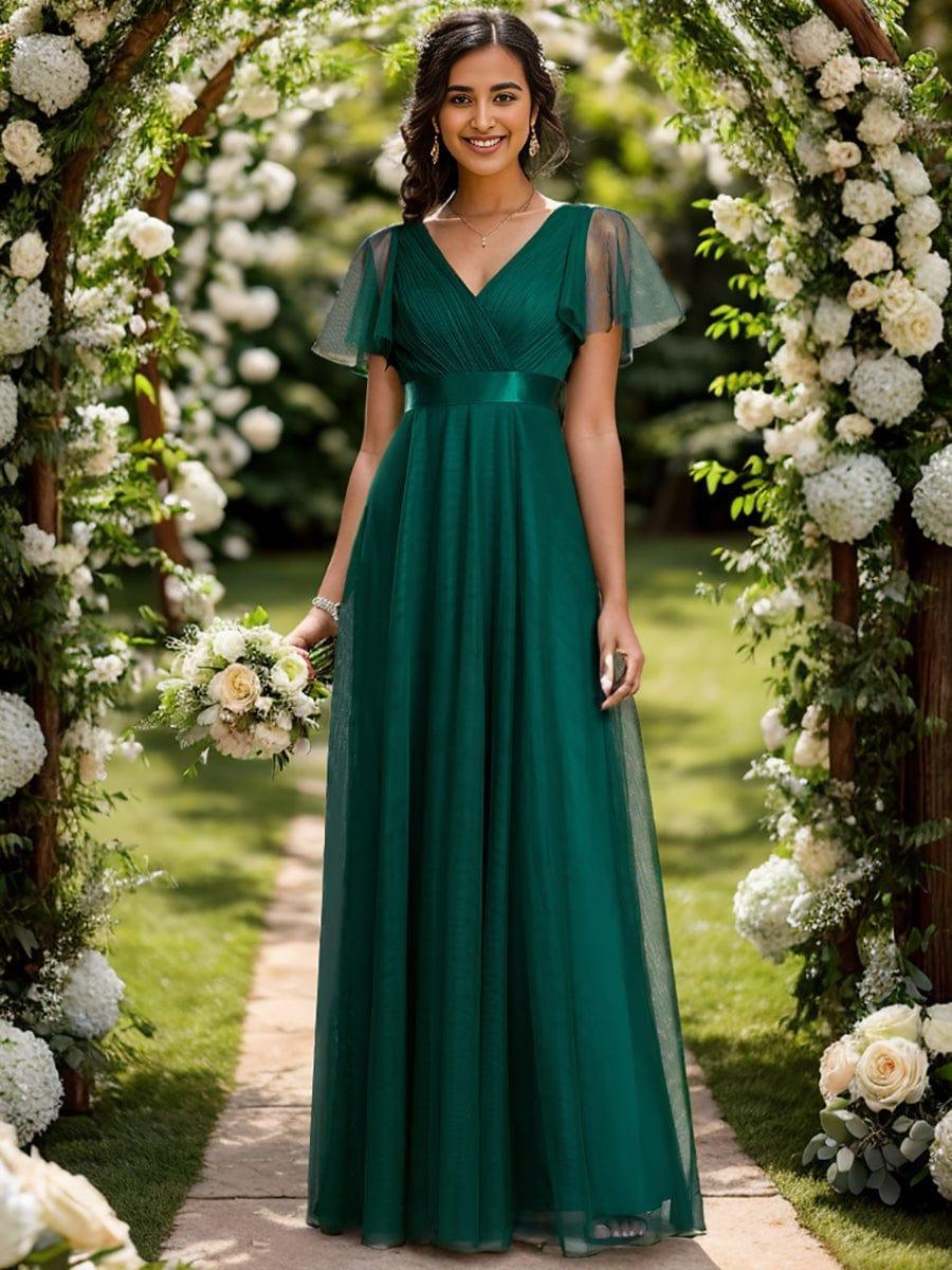 ever MISTE|Double V-Neck Tulle Floor-Length Bridesmaid Dress