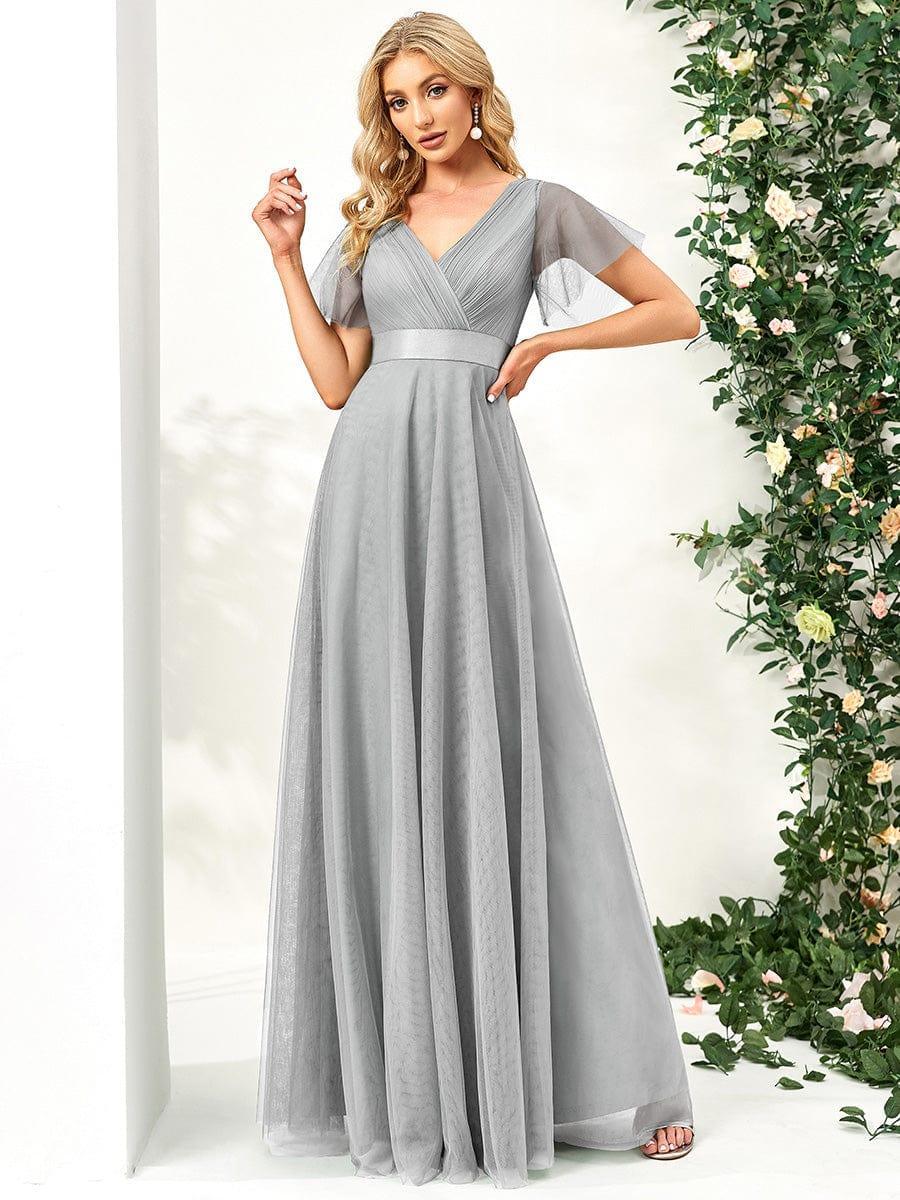 ever MISTE|Double V-Neck Tulle Floor-Length Bridesmaid Dress