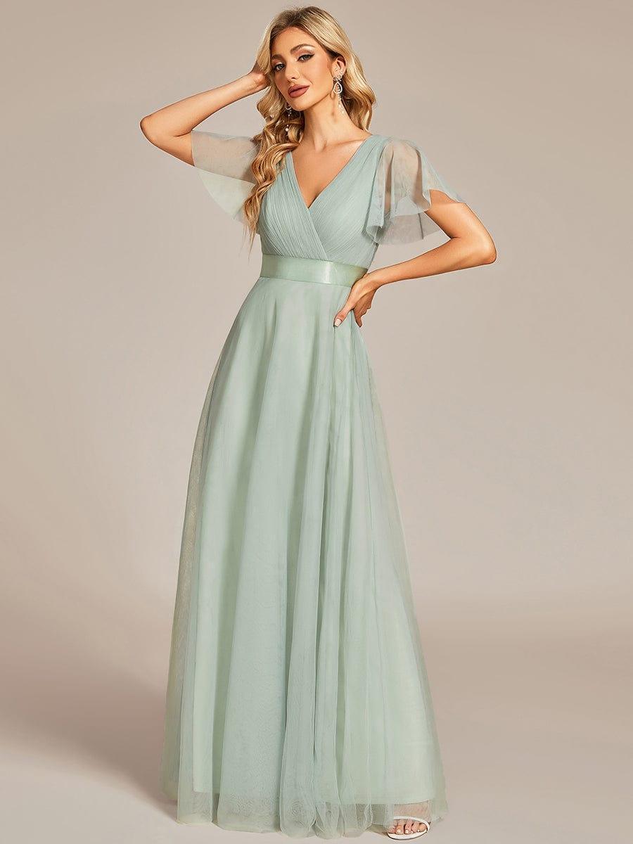 ever MISTE|Double V-Neck Tulle Floor-Length Bridesmaid Dress