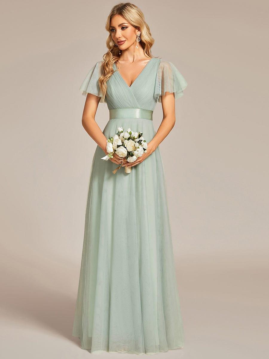 ever MISTE|Double V-Neck Tulle Floor-Length Bridesmaid Dress