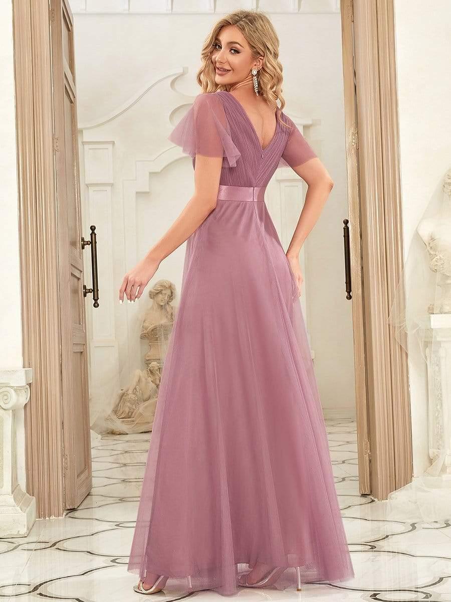 ever MISTE|Double V-Neck Tulle Floor-Length Bridesmaid Dress