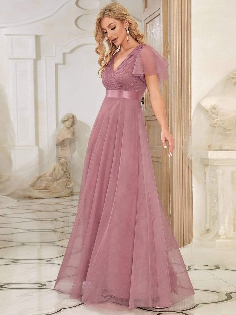 ever MISTE|Double V-Neck Tulle Floor-Length Bridesmaid Dress