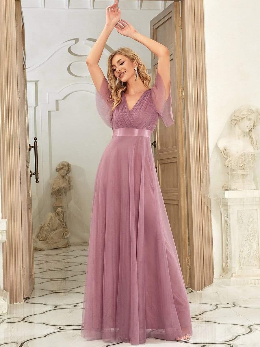 ever MISTE|Double V-Neck Tulle Floor-Length Bridesmaid Dress